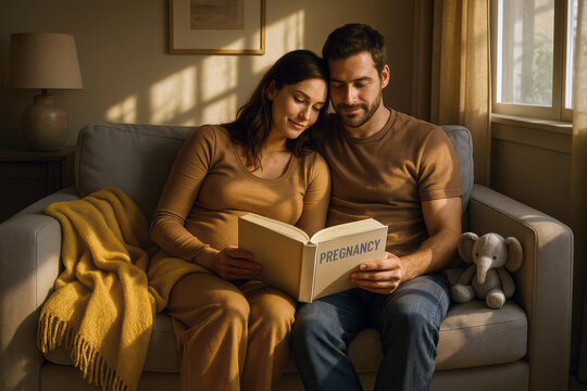 A young Hispanic couple sits on a couch, reading a book about pregnancy. The woman is visibly pregnant, wearing a brown dress. A yellow blanket and a toy elephant are nearby.