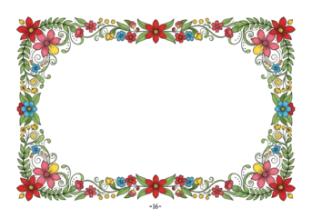 Floral border with red, pink, and blue flowers and green leaves, isolated on transparent background
