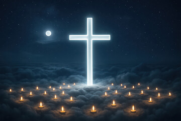 A glowing white cross stands above clouds, surrounded by lit candles. The night sky features a bright moon, symbolizing remembrance and spirituality.