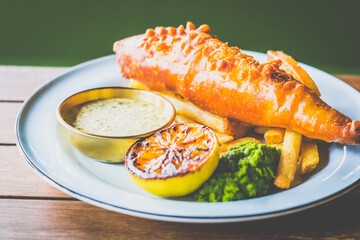Beer Battered Fish and Chips, Mushy Peas, Tartare Sauce and Lemon