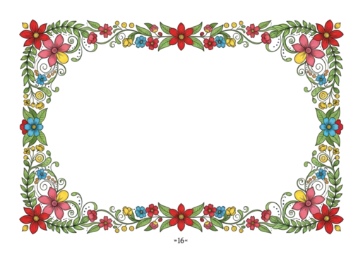 Floral border with red, pink, and blue flowers and green leaves, isolated on transparent background
