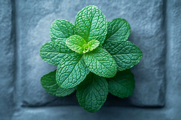 Aesthetic of plants in pot. Potted mint plant with fragrant leaves on a gray background. Herb in pot. Top view.