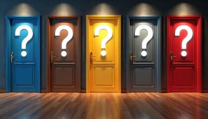 Five colorful doors marked with question marks in empty room interior. Hyper-realistic scene represents concept of decision making, problem solving, uncertainty, opportunity. Choice of doors