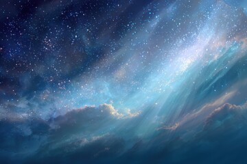 A beautiful view of clouds, a night sky, and shining stars, blue tones. It could be used for backgrounds, wallpapers, or fantasy illustrations.