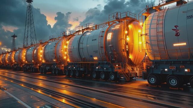 Industrial Rail Tankers at Dusk: Illuminated industrial rail tankers in a long row, their tanks glowing against the dusk sky.