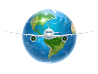 An airplane flying around the earth on transparent background