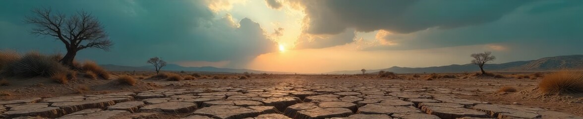Obraz premium A desolate landscape stretches to the horizon, cracked earth, barren trees, and a brooding sky A sense of emptiness and forgotten time pervades the scene , cracked soil, lonely, stillness