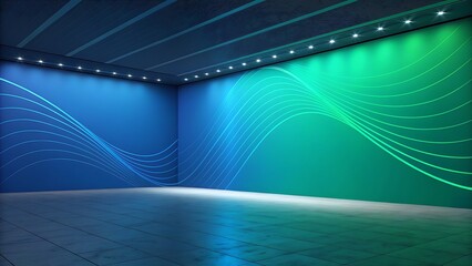 Futuristic Blue and Green Wave Room with Spotlights and Tiled Floor interior studio