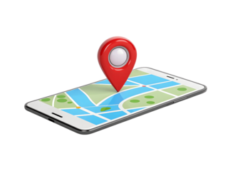 Red location pin on a smartphone with a map isolated on transparent background