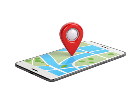 Red location pin on a smartphone with a map isolated on transparent background