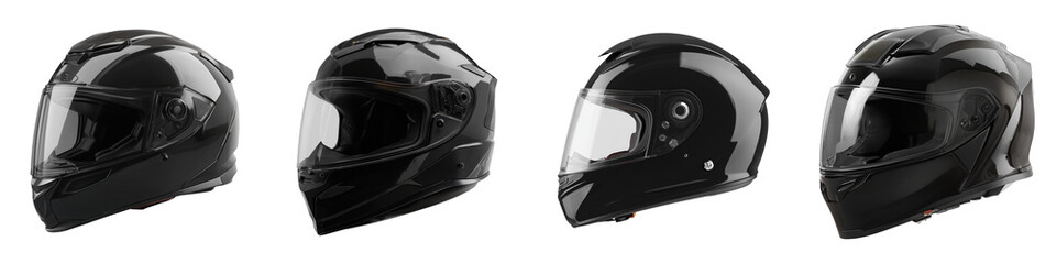 Set of glossy black motorcycle helmets in wide-angle cutout, stylish protective biker gear, shiny modern riding helmet, high-gloss motorbike headgear, professional safety helmet transparent background