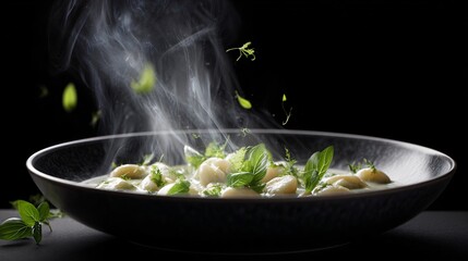 Gnocchi soup with creamy base, plated in low-profile charcoal bowl, steam rising and herbs falling in motion