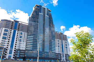 City residential area modern buildings building skyscraper in Minsk Belarus.