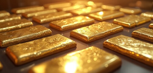 Rows of shiny gold bars arranged neatly, indicating purity, value. This high-resolution image captures metallic luster, texture of precious metal, perfect for concepts of wealth, investment, luxury.