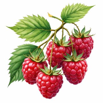 Watercolor illustration of ripe raspberries on branch with green leaves. Detailed botanical artwork captures juicy texture, vibrant red color of fruit, perfect for healthy food designs, natural