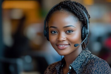 Professional woman with a headset offering customer support in a modern office, displaying expertise and helpfulness while assisting clients remotely, Generative AI