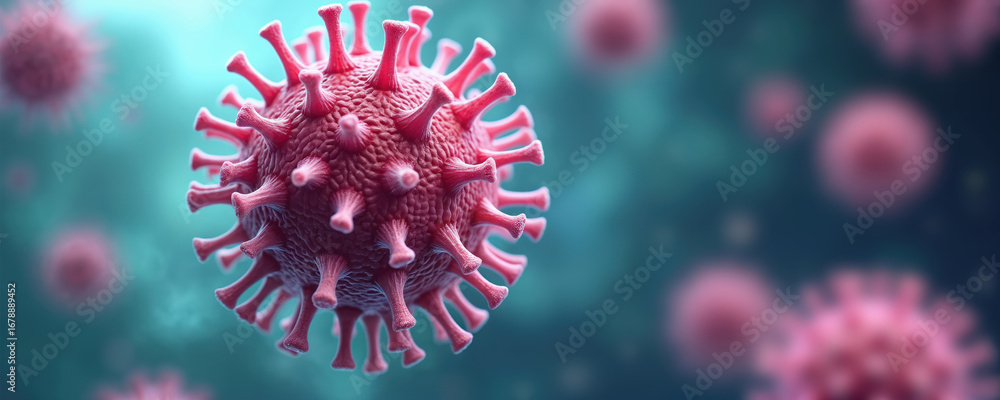 Poster microscopic view of red virus particle with spikes. virus spherical with many protrusions. backgroun