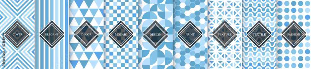 Wall mural collection of blue geometric seamless patterns. tile mosaic endless textures. bright vector repeatab