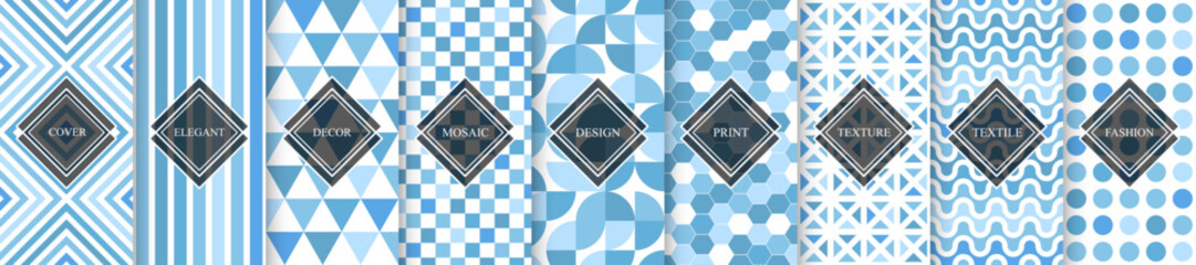 Collection of blue geometric seamless patterns. Tile mosaic endless textures. Bright vector repeatable backgrounds