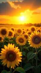 Obraz premium A field of vibrant sunflowers basking in the golden sunlight, their faces turned towards the radiant sun A breathtaking display of nature's beauty and the power of the sun , day, growth