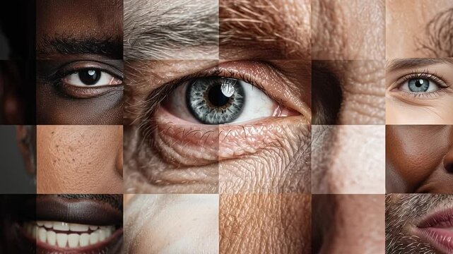 Various human eyes are intricately arranged to represent diversity and emotion. Each unique eye reflects different backgrounds, cultures, and perspectives in stunning detail.