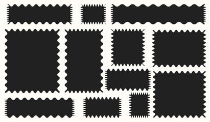 Vector image of geometric shapes with wavy edges in a zigzag shape with jagged edges. Set of stickers in the form of an oval and a circle, rectangle, square. Abstract elements for your design, frames,