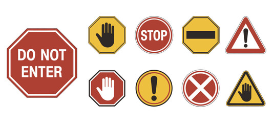 Assorted traffic and warning signs including stop and do not enter vector illustration