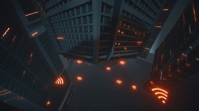 Urban Convergence: A stark and imposing architectural marvel of a futuristic city, with lines of sight converging, complemented by digital elements