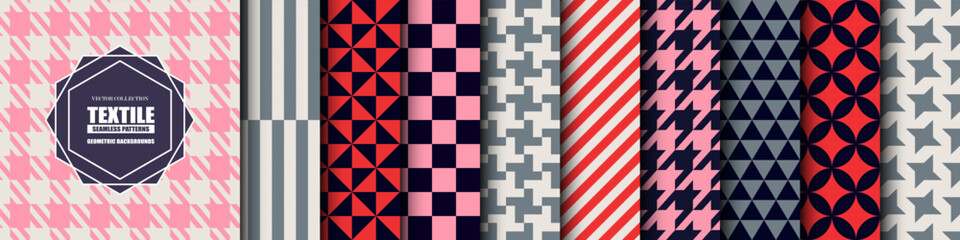 Fototapeta premium Collection of bright color seamless geometric patterns. Abstract fashion backgrounds - vibrant design. Fabric mosaic textures. Simple endless unusual prints