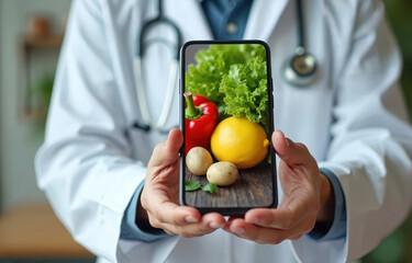 Doctor holds phone showing fresh vegetables, fruits. Promotes healthy eating, wellness tips for subscribers. Offers dietary advice, nourishment information from medical pro. Connects health channel,