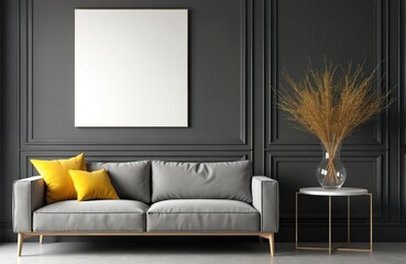 Modern gray sofa with yellow pillows, minimalist interior featuring blank canvas on dark paneled wall. Decorative dried branches in glass vase on round side table add natural texture. Stylish living