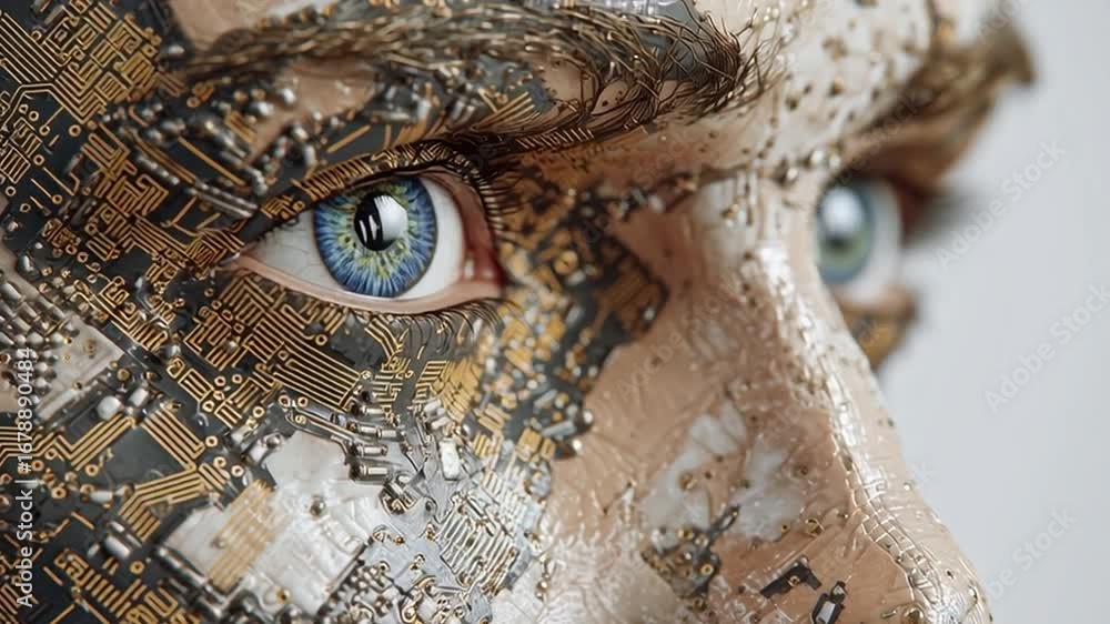 Poster close-up view of a human-like face integrated with complex neurochips, showcasing intricate coding p