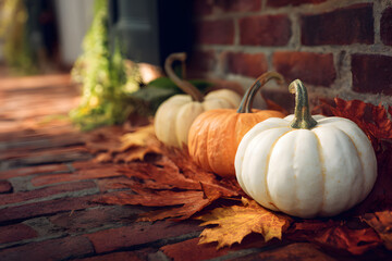 White and orange Halloween pumpkins on brick with autumn leaves