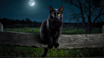 Obraz premium Spooky black cat sitting on a wooden fence under the moonlight