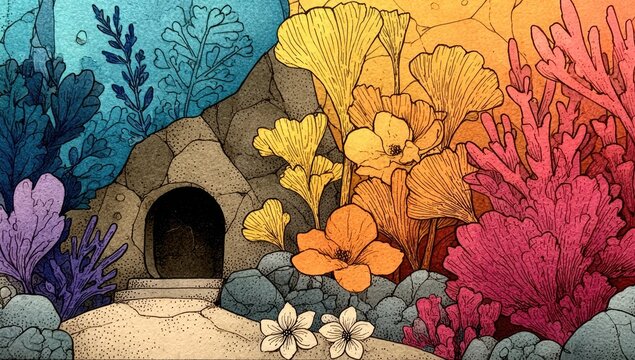 Colorful underwater cave entrance, vibrant flora and fauna