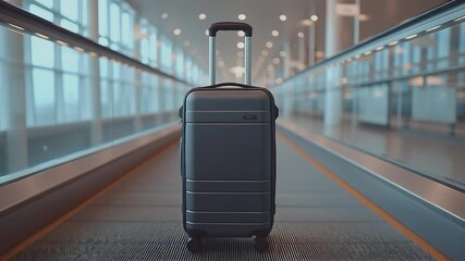 Rolling Away: A solitary suitcase stands proudly on an escalator, poised amidst a sleek, contemporary airport terminal. The image evokes feelings of wanderlust and the thrill of journeys yet to begin.