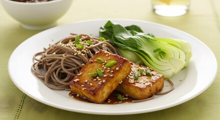 Delicious Glazed Tofu with Soba Noodles and Bok Choy on White Plate