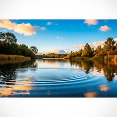 Fototapeta premium Serene Lakeside Landscape with Ripples on Calm Water.