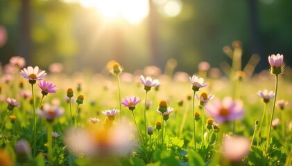 Spring Wildflowers Swaying in Gentle Breeze, Sunlit Meadow, Vibrant Colors, New Life