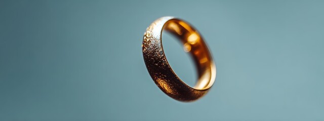 Close-up of golden wedding band hanging vertically, soft natural light, cinematic jewelry macro photography symbolizing love and commitment