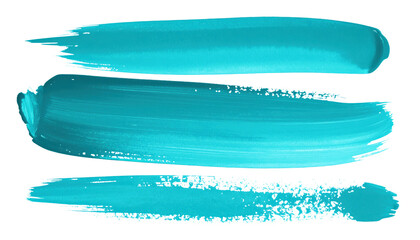 Obraz premium Three Teal Blue Paint Brush Strokes isolated on transparent background. PNG die-cut for advertising