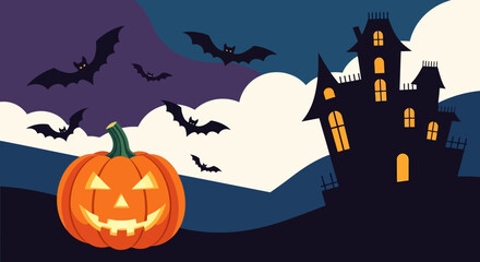 Fototapeta premium Halloween graphic design with a pumpkin and haunted house silhouette.