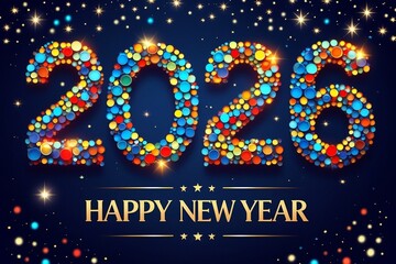 Colorful Happy New Year 2026 greeting with sparkling lights and festive decorative numbers on dark background AI-Generated