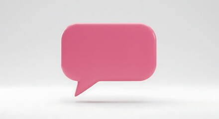 A 3D rendered pink speech bubble with a rounded shape on a light gray background.