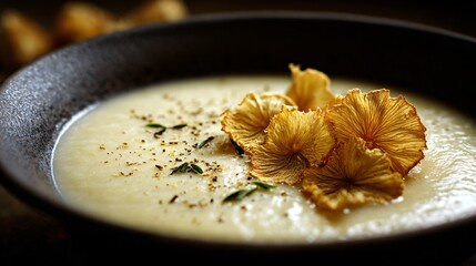 Irish potato soup with sharp shadows, dried flowers outlining the edges