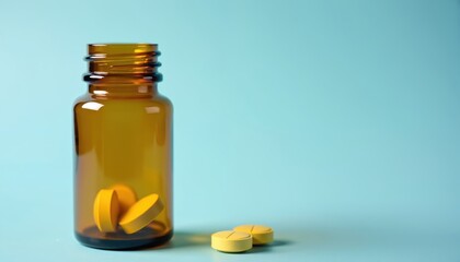 Amber bottle with yellow pills for common summer illnesses, travel health awareness. Includes antidiarrheal medication tips for safe foreign holidays. Prevention, treatment advice for diarrhea