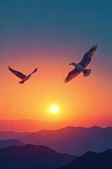 Fototapeta premium A horizontal line of birds in flight, wings outstretched, soaring across a vibrant sunset sky Perfect for travel, freedom, and nature-themed projects , movement, travel