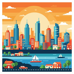 Naklejka premium Colorful flat design illustration of a city skyline with buildings, houses, and a river.