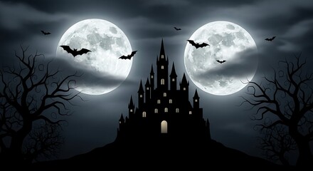 Fototapeta premium Haunted castle on a hill under two full moons and bats