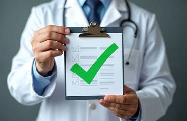 Doctor holds clipboard with completed checklist, large green check mark. Medical pro in white coat, stethoscope confirms patient care, treatment plan medical record. Professional success in